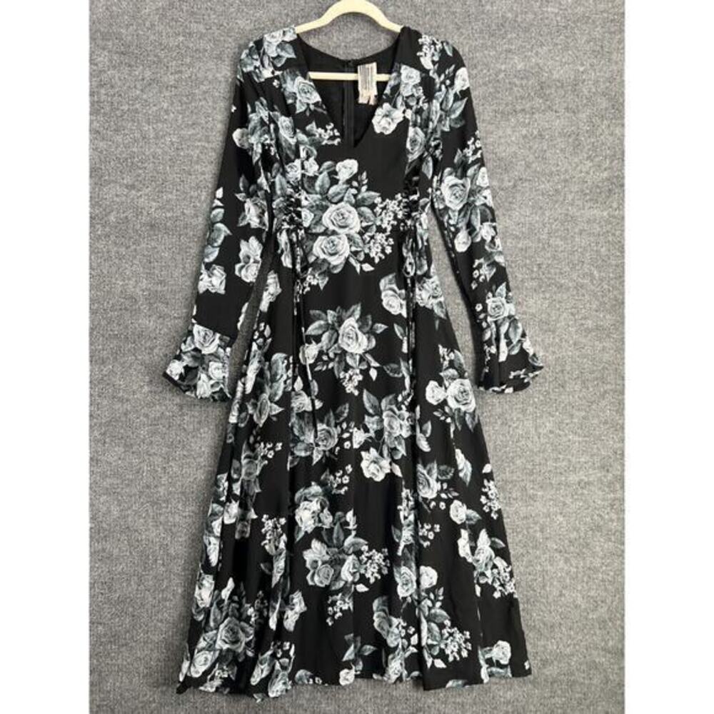 Vintage Free People Floral Maxi Dress Womens XS Black Gray Y2K Boho Chiffon